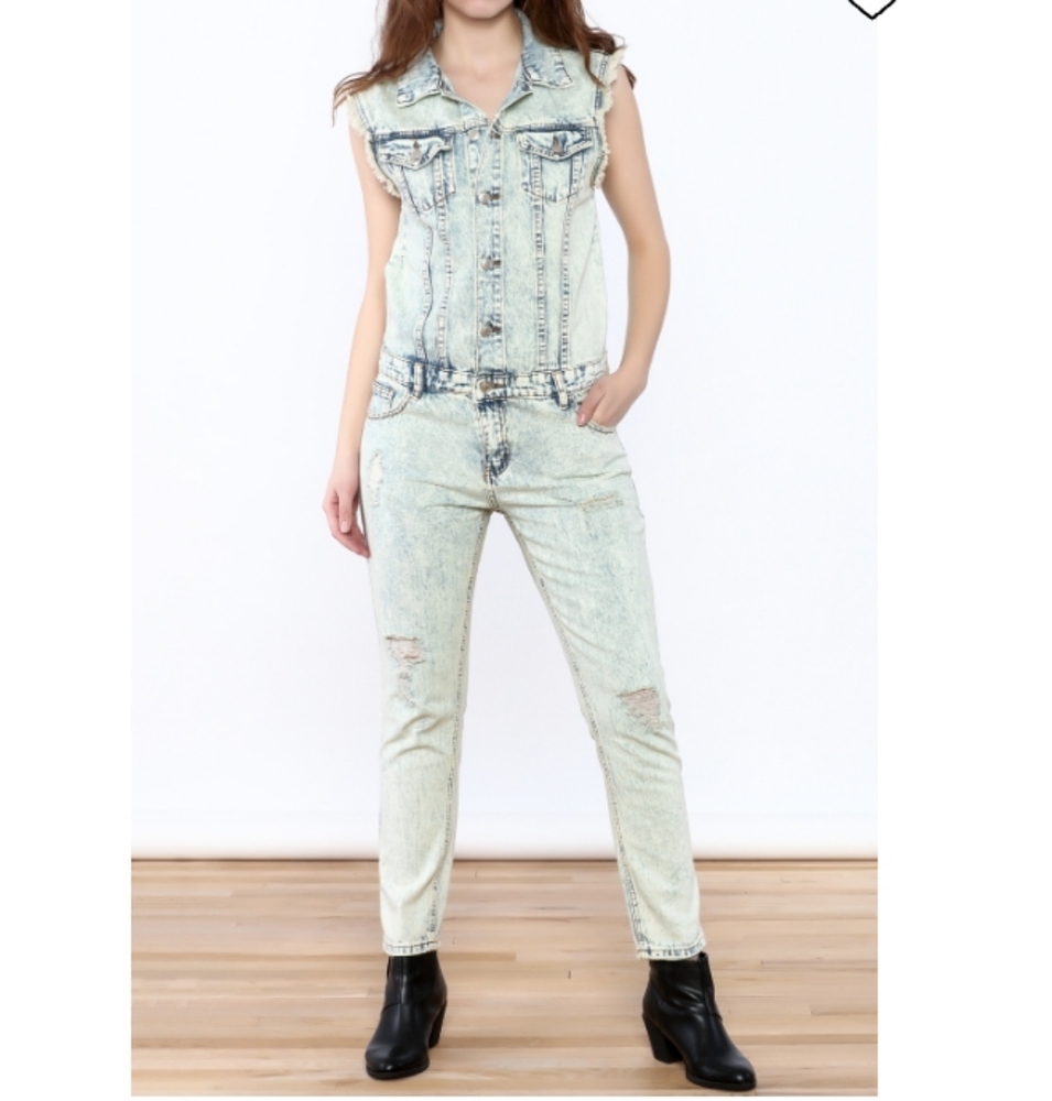 Bleached Moto Jean Jumpsuit Sleeveless Distressed Grunge Y2K